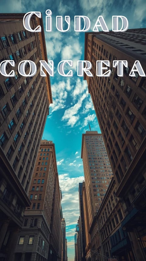 Upward view of tall city buildings framing blue sky with clouds, overlaid with Spanish text Ciudad Concreta